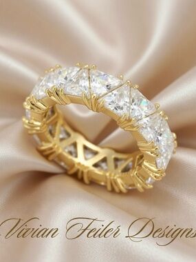Gold Eternity Ring Band CZ Princess Cut Bridal Anniversary Wedding Size 7 or 8